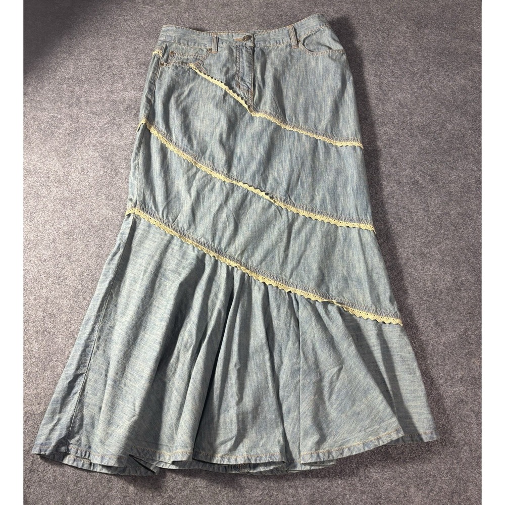 Jeanology Women's Denim Maxi Skirt Size 10 Lace Trim Y2K Boho